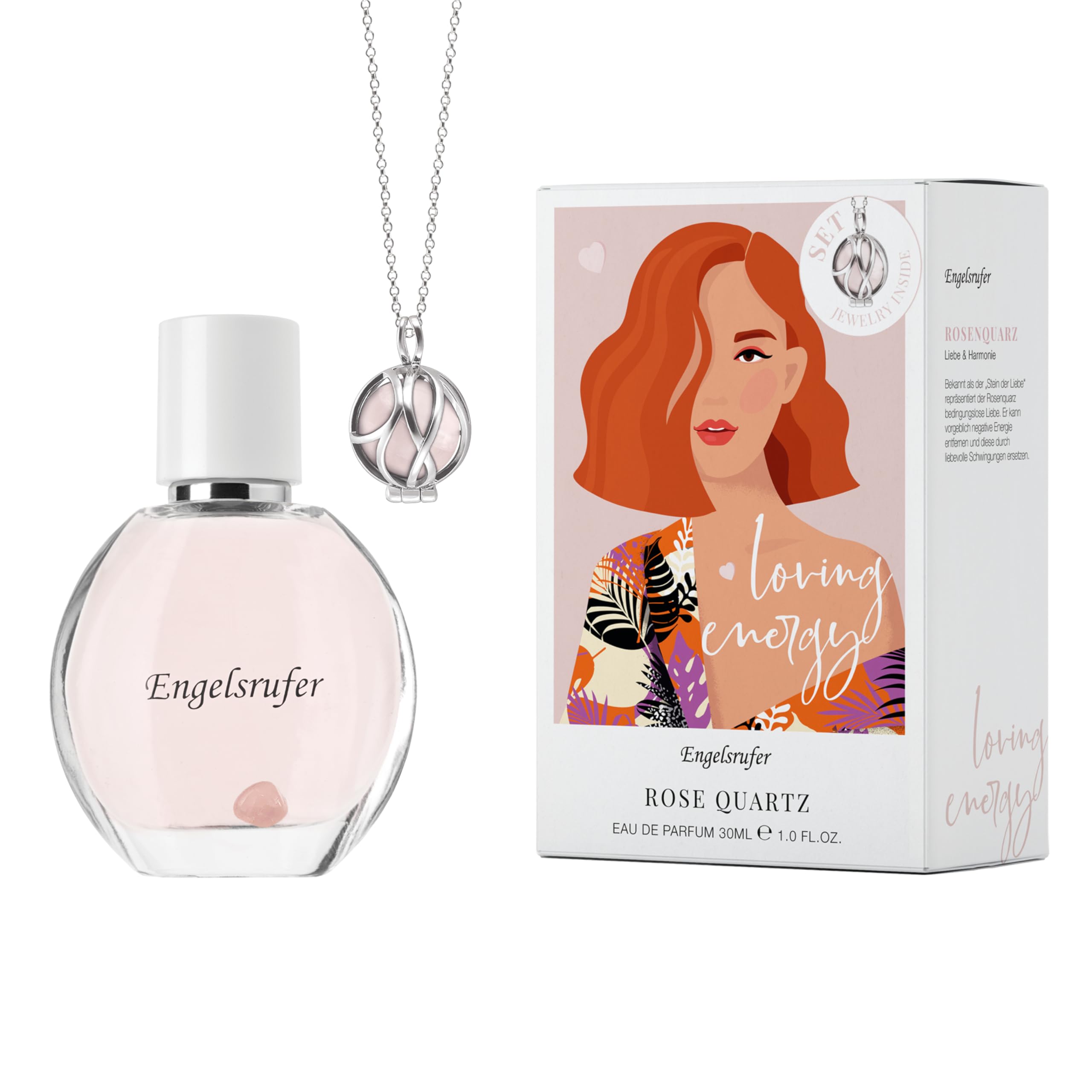 Engelsrufer Powerful Stone Duftset Damen – Eau de Parfum 30ml Loving Energy & Paradise Halskette mit echtem Rosenquarz aus Edelstahl IP Rhodium – Geschenk Frauen