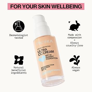 Pacifica Ultra CC Cream Radiant Foundation SPF 17 (Natural Medium) Medium-Coverage Tinted Moisturizer + Mineral Sunscreen, Dewy Finish, 1 fl oz