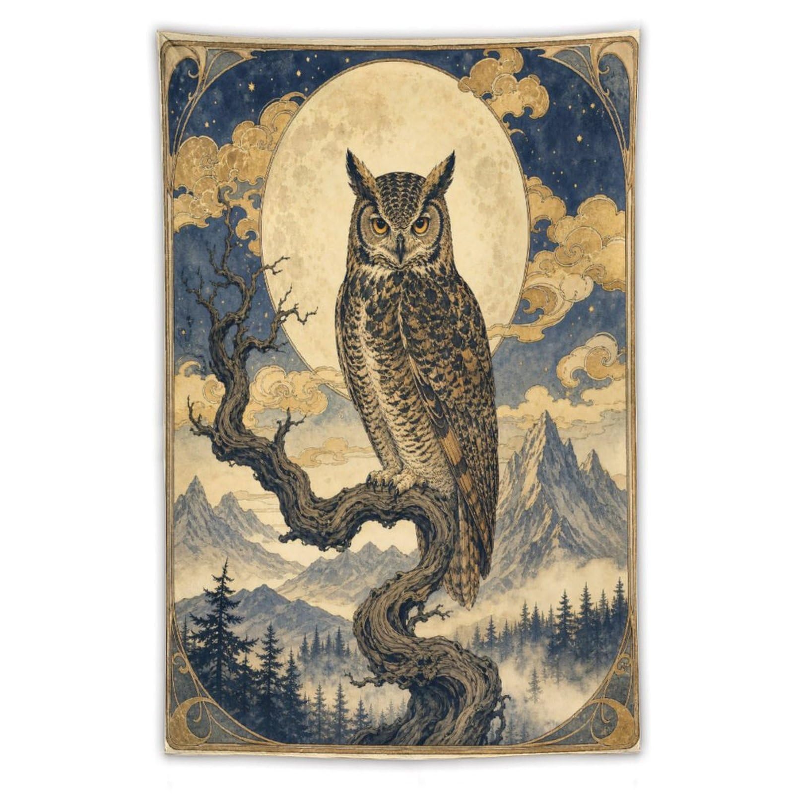 W7C8U2X3 Moon Owl in Forest Wall Tapestry, Vintage Poster Style, Bed