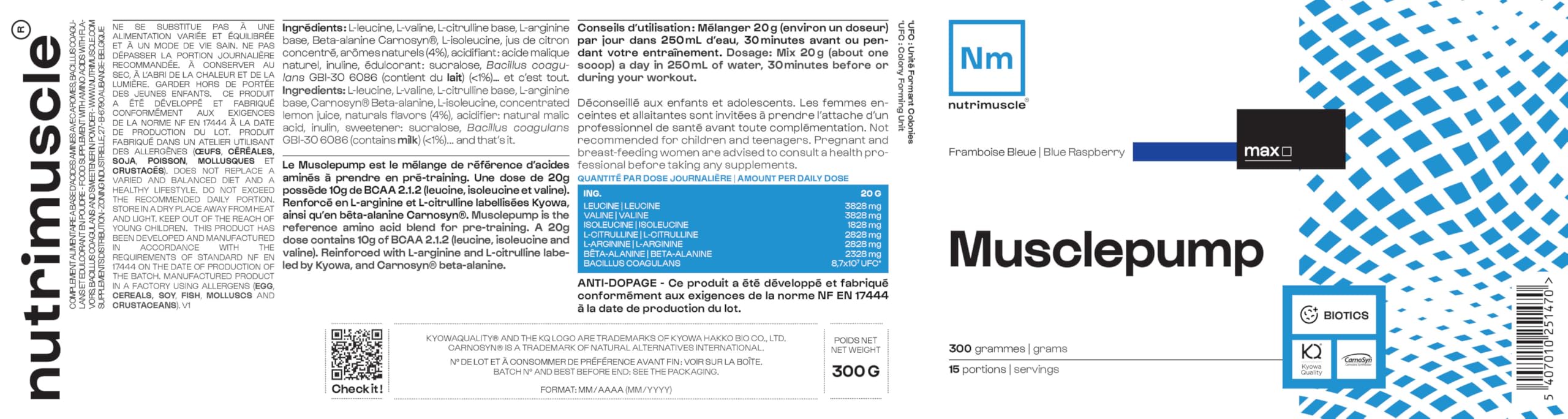 Nutrimuscle Pré-workout Musclepump 300 g Framboise Bleue | Pré-Workout mix BCAA, Arginine, Citrulline, Beta-Alanine - Congestion Musculaire - Booster Puissant - Musculation - Sport