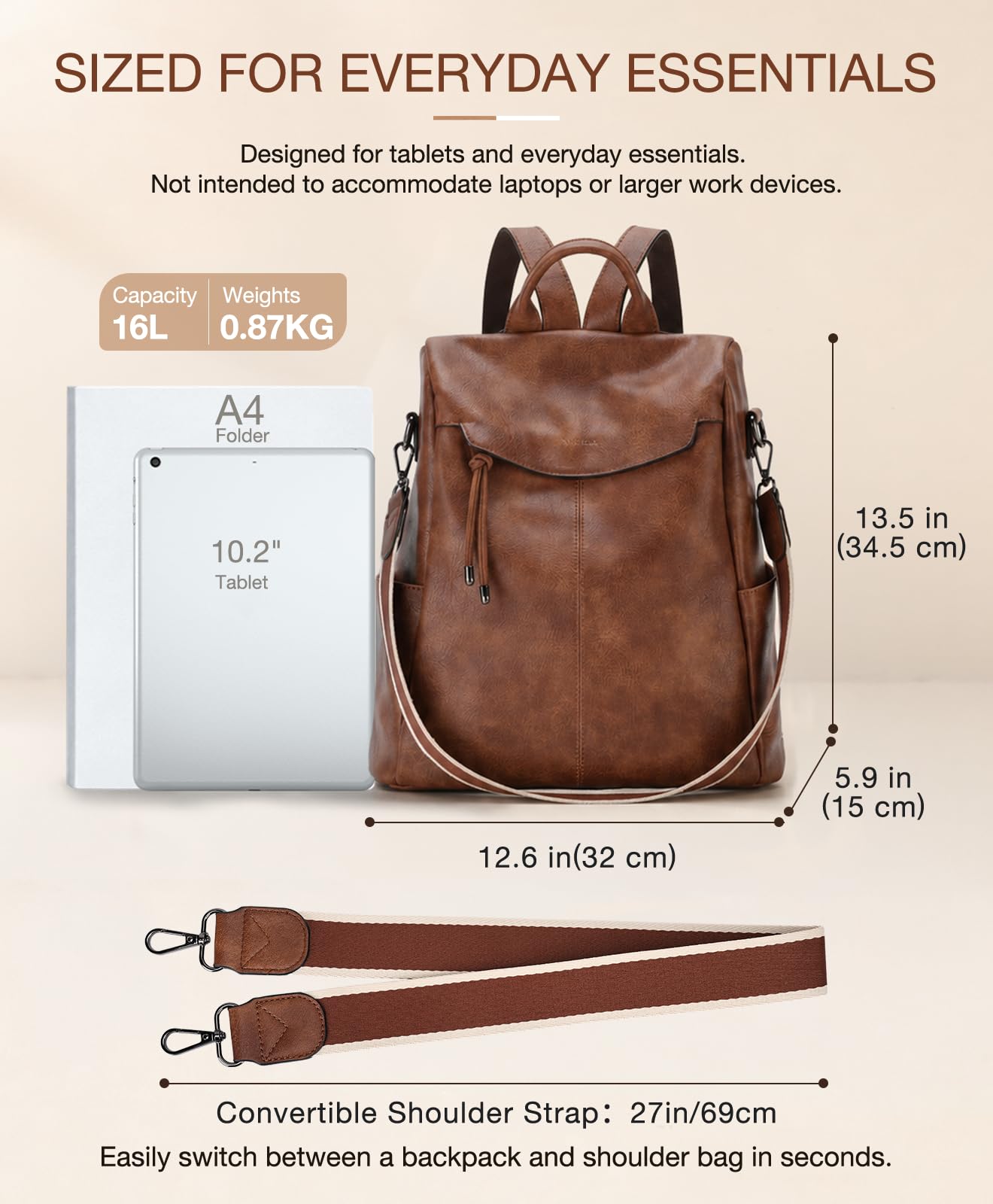 VX VONXURY Mochila Antirrobo Mujer de Cuero PU Mochila Mujer Casual Convertible Bolso Hombro Mujer para Escuela Viaje Trabajo