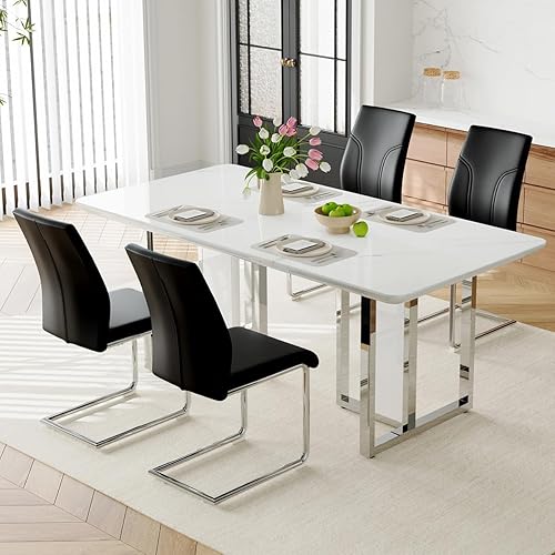 Miniatura 12 de Juego de mesa de comedor MEMUY para 8, 79" Juego de mesa de comedor de mármol falso para 8 con superficie brillante blanca, juego moderno de mesa de