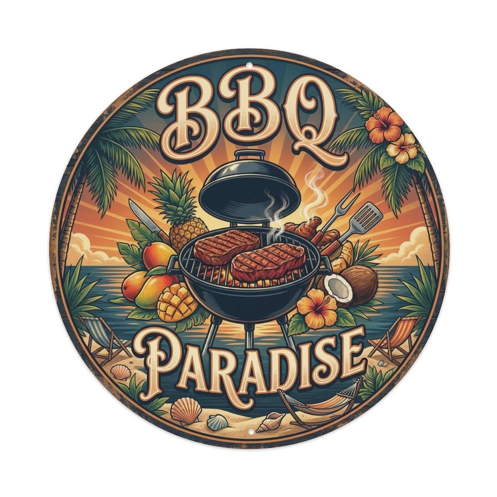 BBQ Barbecue Paradise Found Vintage Metal Tin Sign Plaque Wall Decor for Cafe, Club, Garden Round Metal Poster 8x8Inch