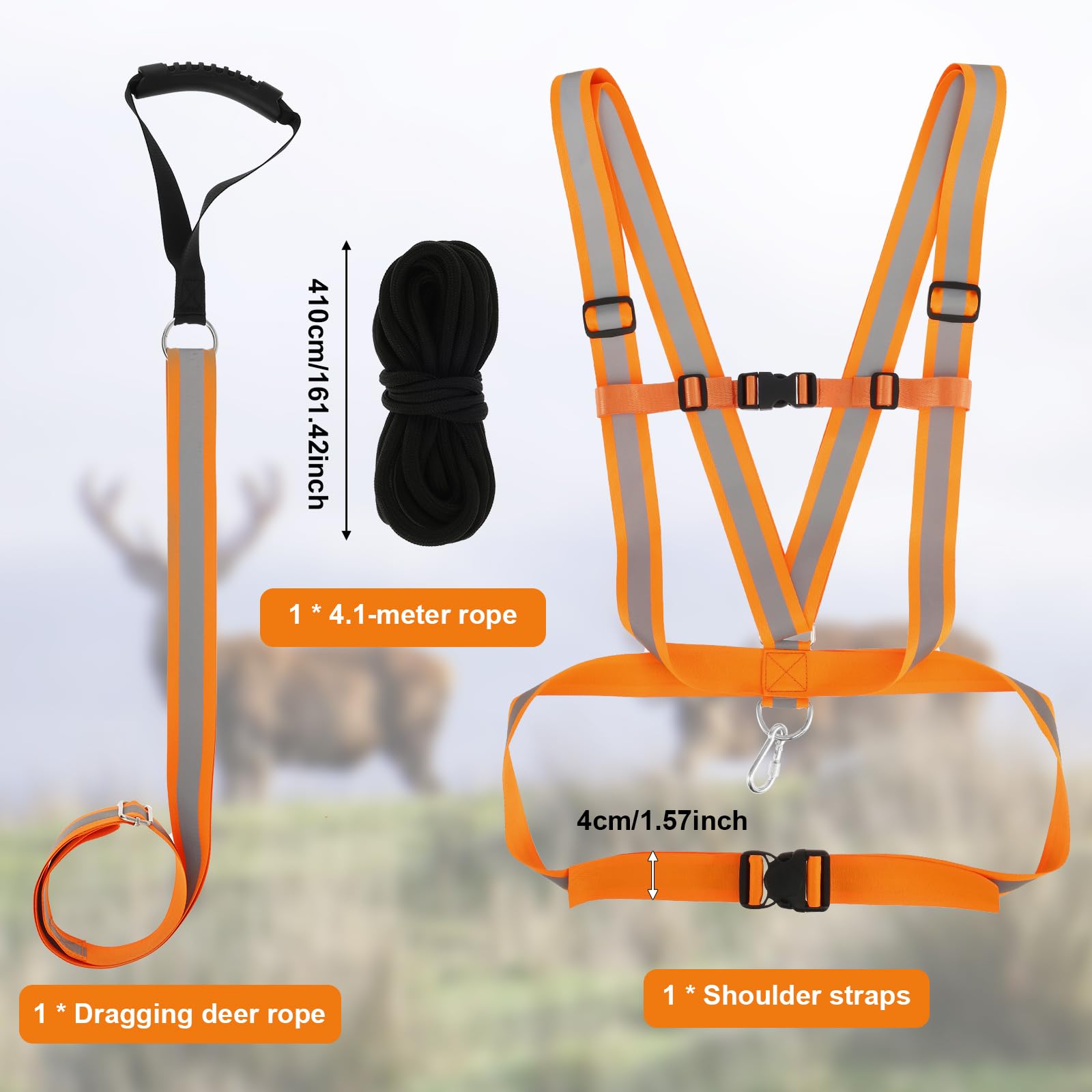 2pcs Deer Drag and Harness, Deer Dragging Rope Hunting Accessories, Deer Drag Strap and Double Harness with Reflective Strips, Deer Hunting Pull Strap, Drag and Harness Hunting Gear for Deer Hunters