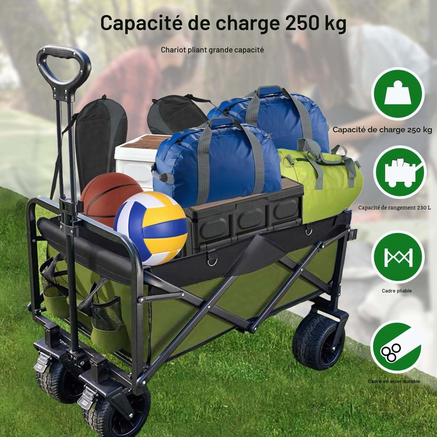 Chariot de transport pliable de 230 l avec grande capacité et hayon ouvert, charge maximale : 200 kg, avec roues tout terrain, cordes
