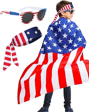 BleSky 250 Year American Flag Costume Cape for kid, 4th of July American Flag Patriotic Independence Day Holiday Costumes Celebratio Patriotic Party Accessories