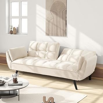 ERYE 74-Inch Velvet Tufted Upholstered Futon Sofabed for Bedroom Living Room, Modern Convertible Futon Loveseat Sleeper Sofa Bed with Adjustable Backrest and Pillows