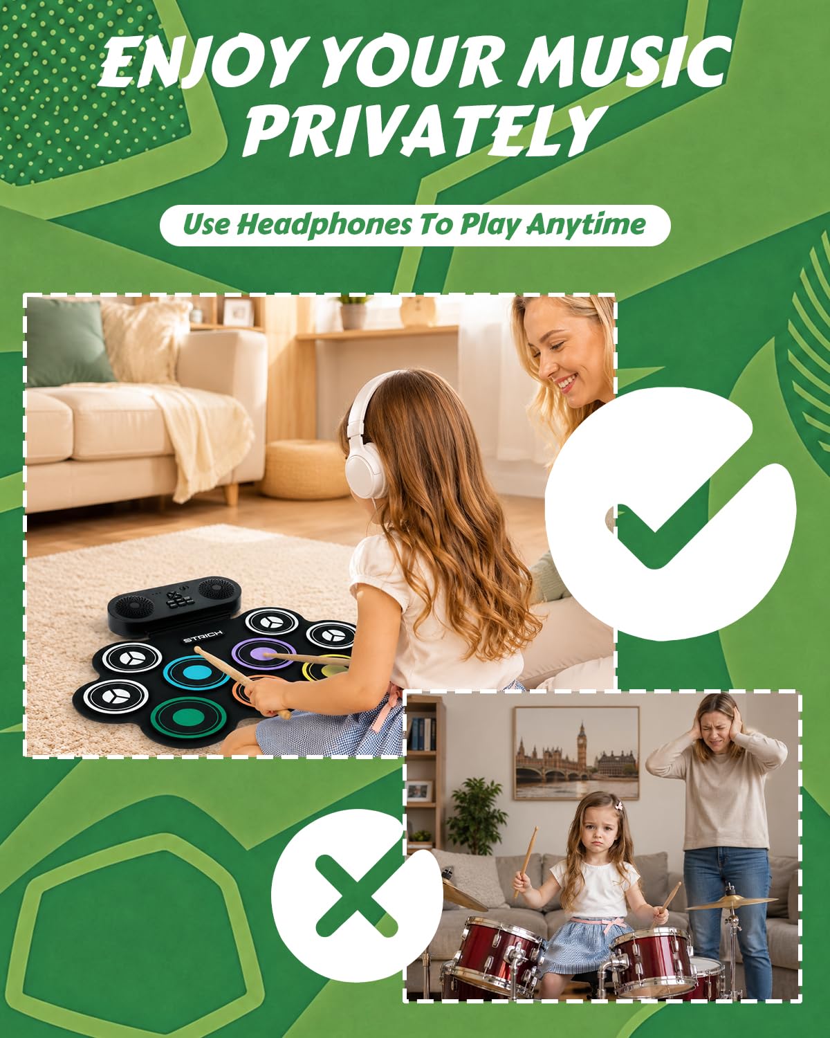 STRICH Set de Batería Electrónica, Almohadilla de Práctica de Batería Enrollable de 9 Pads, Pad de Batería Eléctrica Portátil con Altavoz Integrado, Pedales y Baquetas, 10 Horas de Uso (SED-K10)