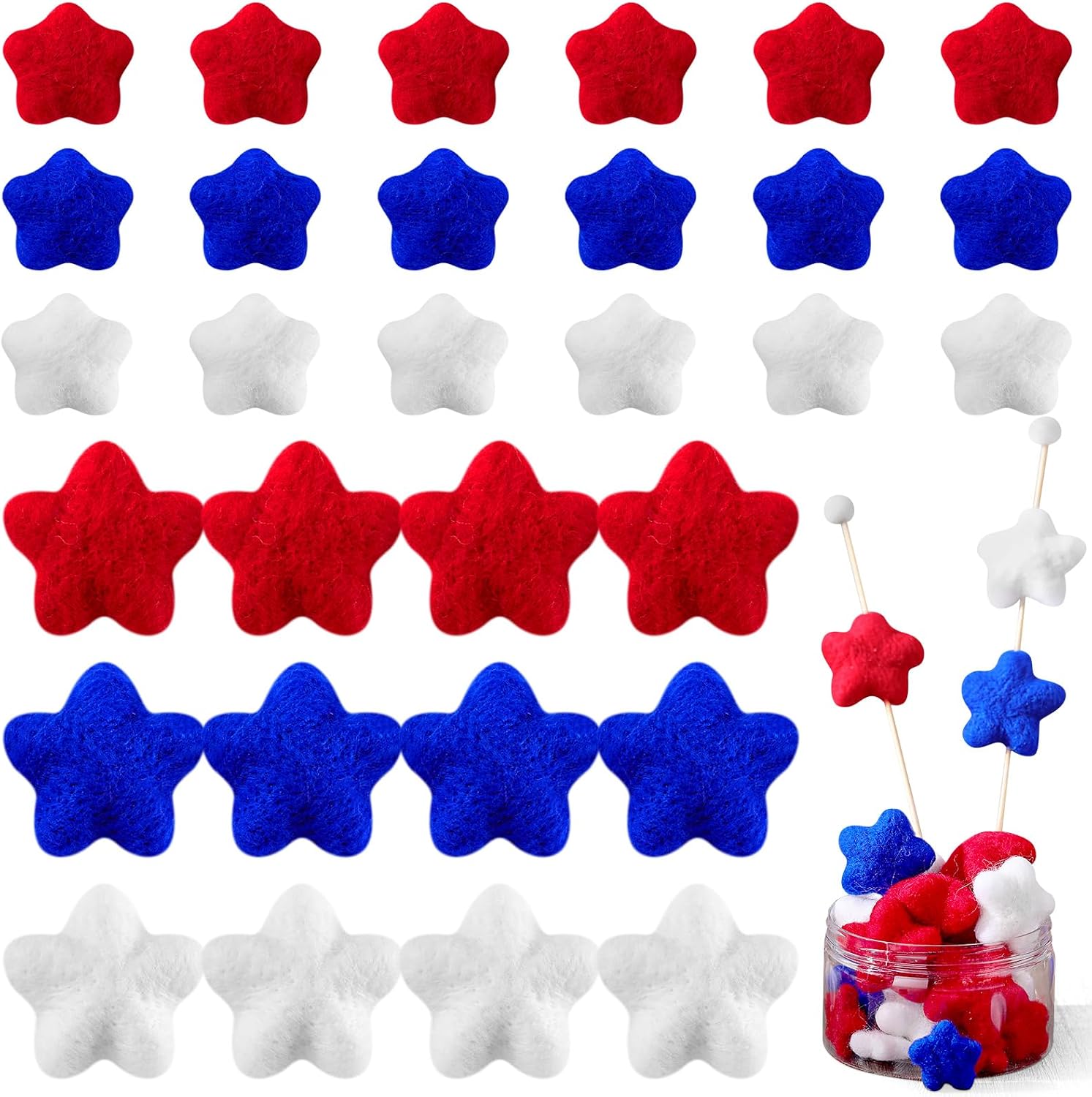 Hahafelt 36 Pcs 4th of July Red White and Blue Decorations, Felt Patriotic Star Ornaments 4th of July Independence Day Home Decor Red Blue White Stars for Vase Bowl Filler Craft Table (1.2'', 1.6'')