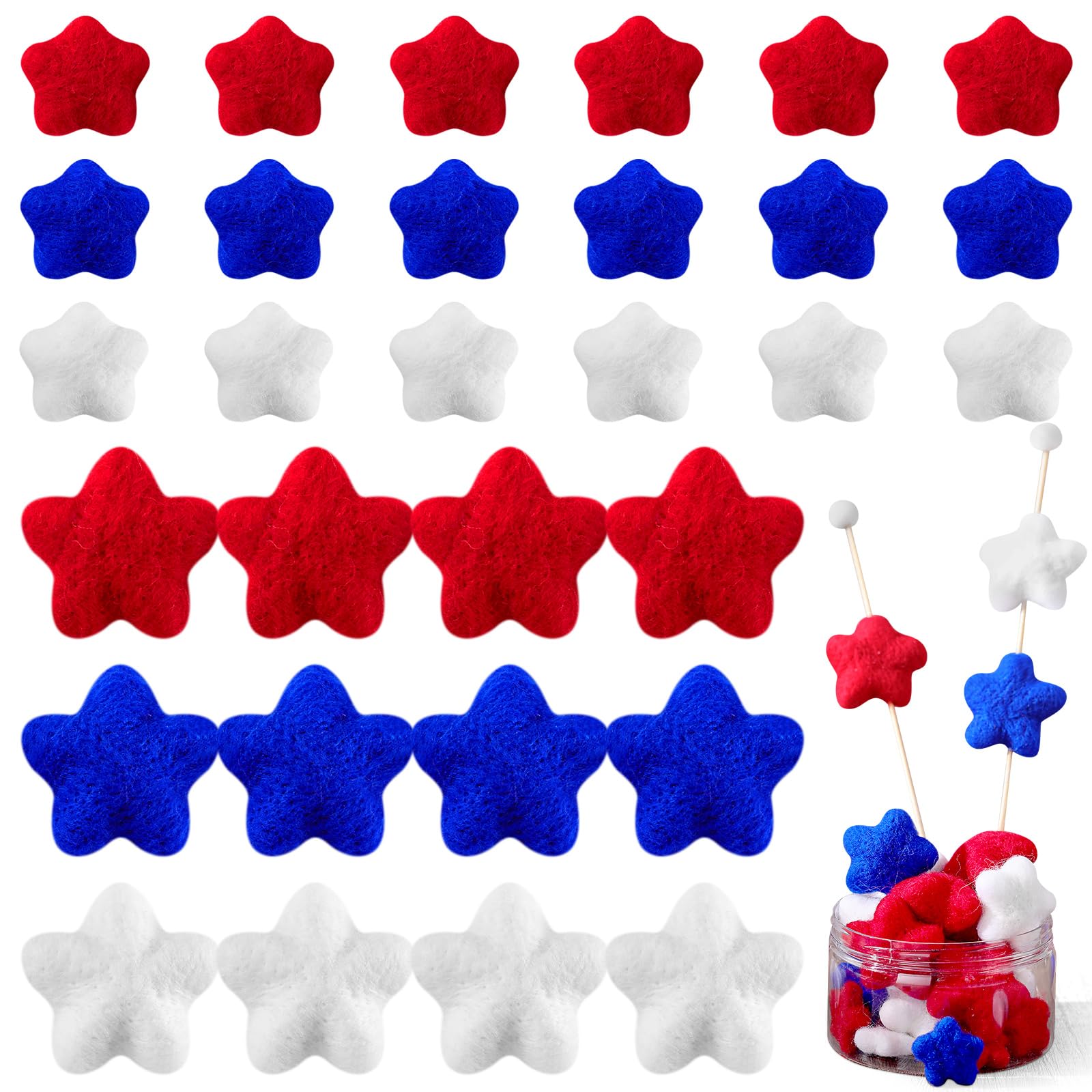 Hahafelt 36 Pcs 4th of July Red White and Blue Decorations, Felt Patriotic Star Ornaments 4th of July Independence Day Home Decor Red Blue White Stars for Vase Bowl Filler Craft Table (1.2'', 1.6'')