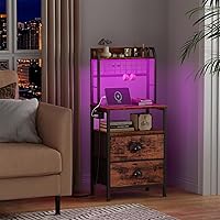Vista 2 de Furologee 40'' Tall Nightstand with Charging Station, Bedside Table with LED Lights, End Table with 2 Drawers and Storage Shelves, Night Stand with