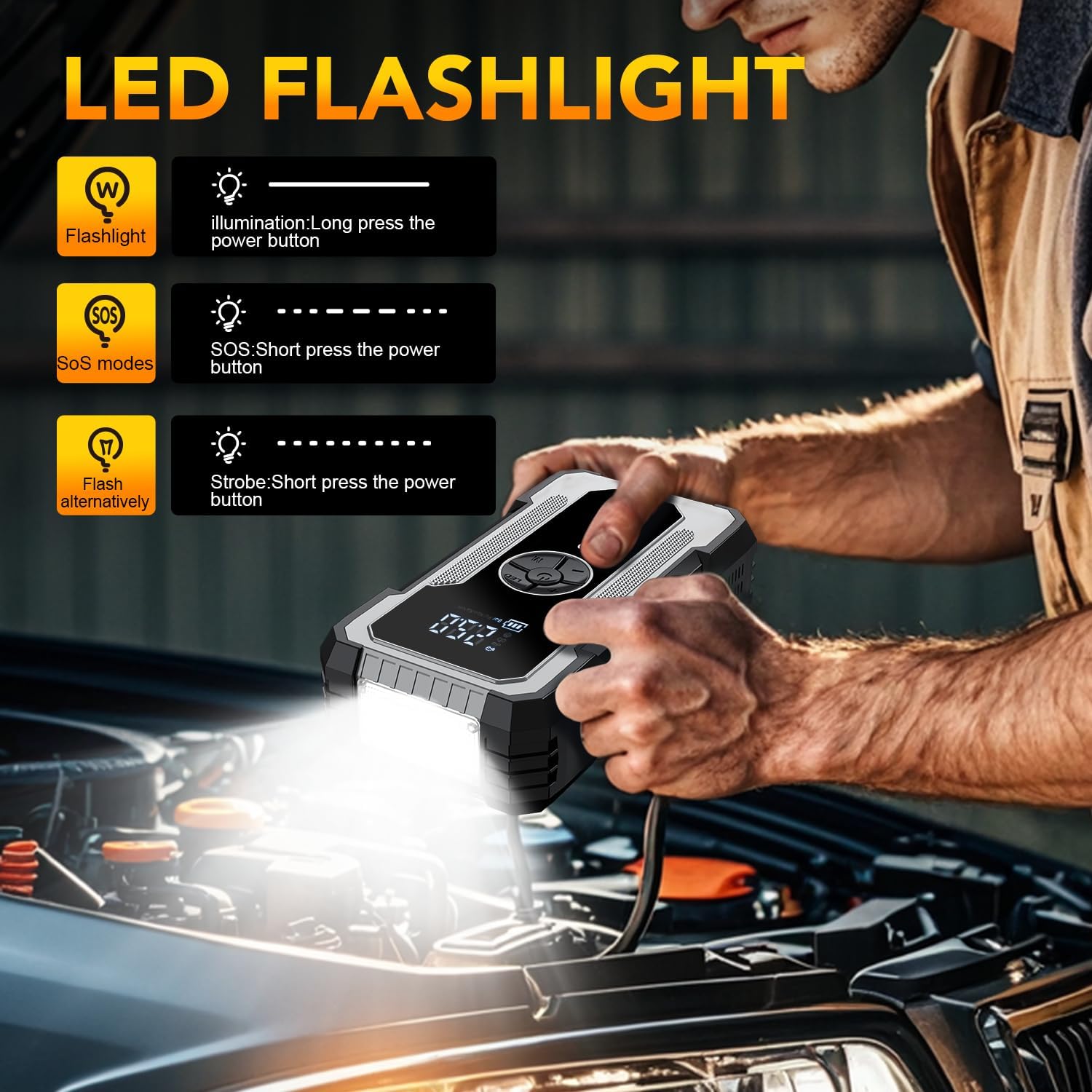 Sharmeal Jump Starter with LED flashlight in use