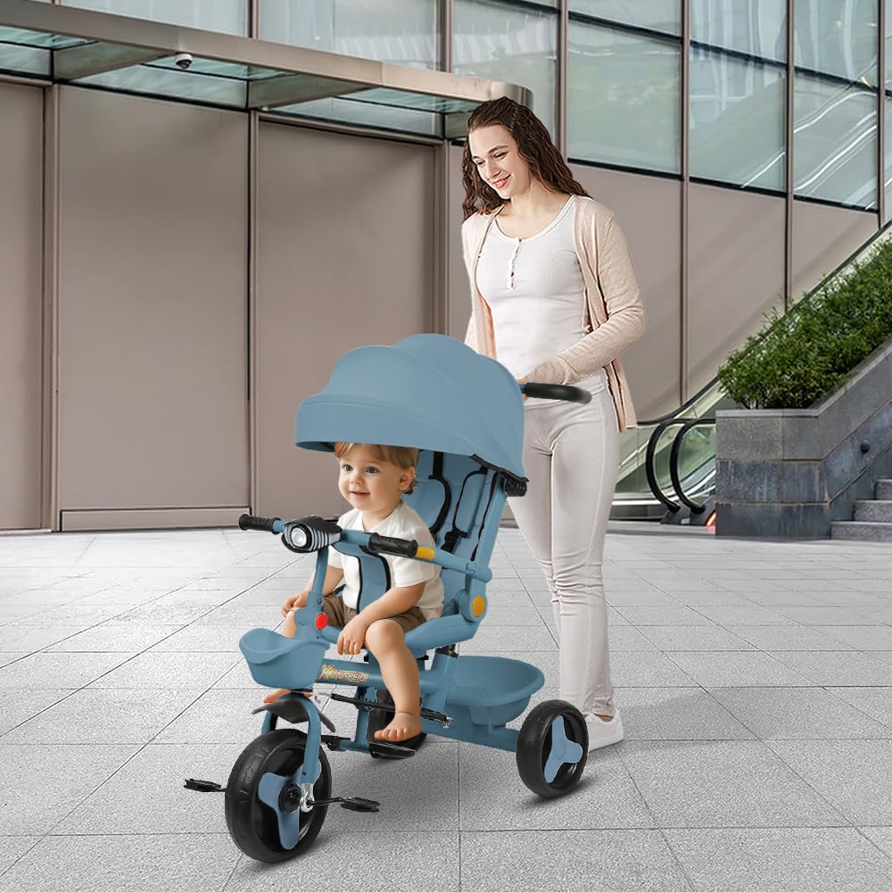 5 en 1Tricycle Enfants évolutif, Lumières et Musique, Siège Enveloppant, Siège et Inclinaison, Garde-Corps Amovibles, Porte-gobelet，Bleu
