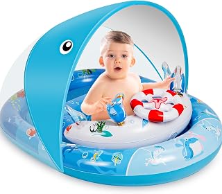 Baby Pool Float with Canopy，Baby Swim Float with UPF50+ Sun Protection Canopy and Toy Play Console，Inflatable Baby Float & Swimming Float with Adjustable Safety Seat for 6-36 Months