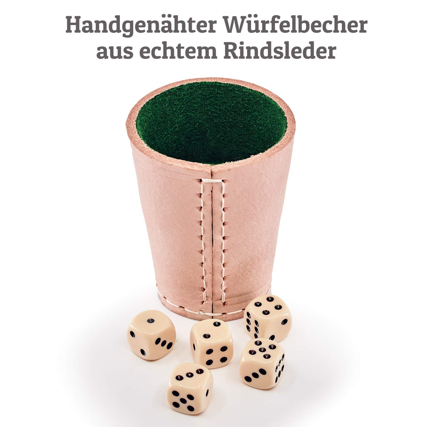 Leder Würfelbecher mit Gravur - Personalisierung von Name + Motiv zur Auswahl inkl. 5 Würfel - Innen grüner Filz - leise und geräuscharmer Knobelbecher