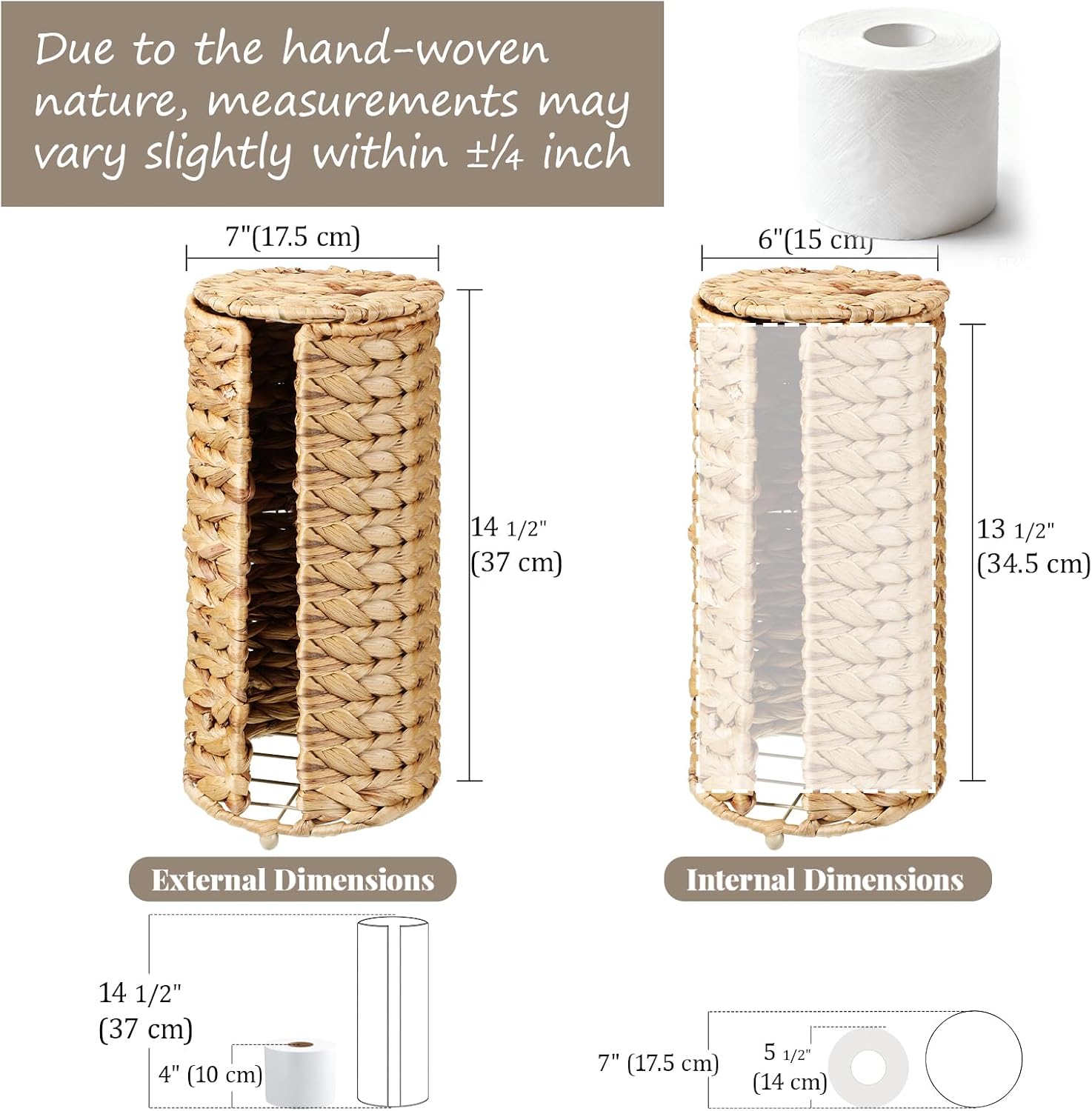 Water Hyacinth Free Standing Toilet Paper Holder Stand for Bathroom, 3 Rolls up to 5 ″ Toilet Roll Holder Stand Storage with Lid, Decorative Boho Toilets Tissue Holders, for Bathroom and Under Sink