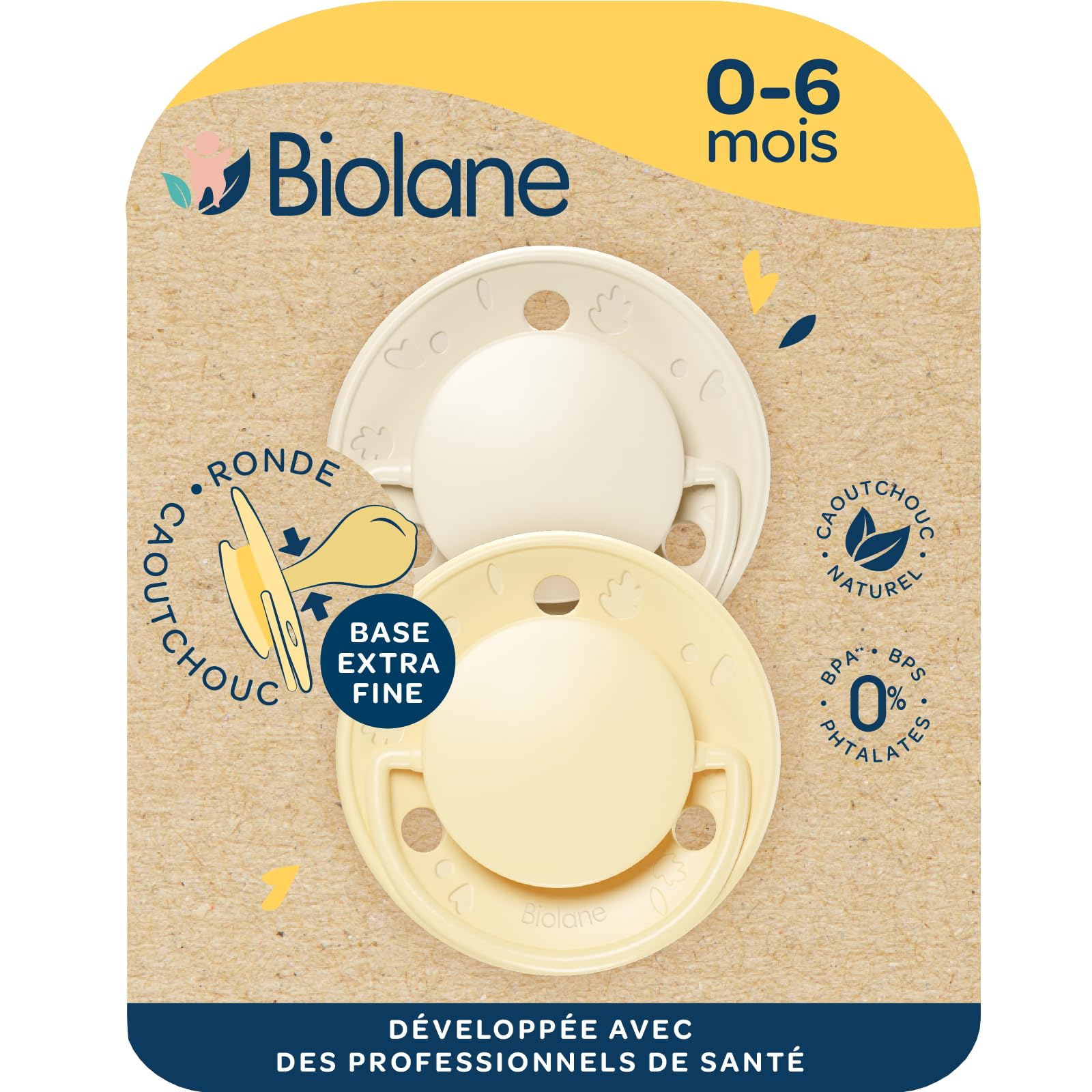 BIOLANE - Tétines rondes - Sucettes extra-​fines - 0 à 6 mois - Jaune et Beige - Téterelle en caoutchouc naturel - Respect du développement bucco-​dentaire- Douces et confortables