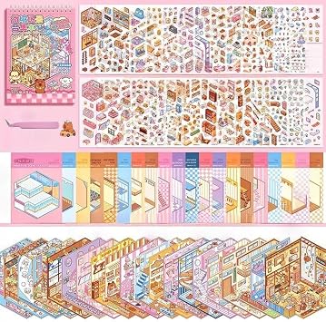 20 Sets of 3D DIY House Stickers with Tweezer,Kawaii 3D Sticker Scenes Collection Book Make Your Own Cartoon Mini Shop Cake Burger Coffee Shop for Adult Kids Relief Stress Pass The Time