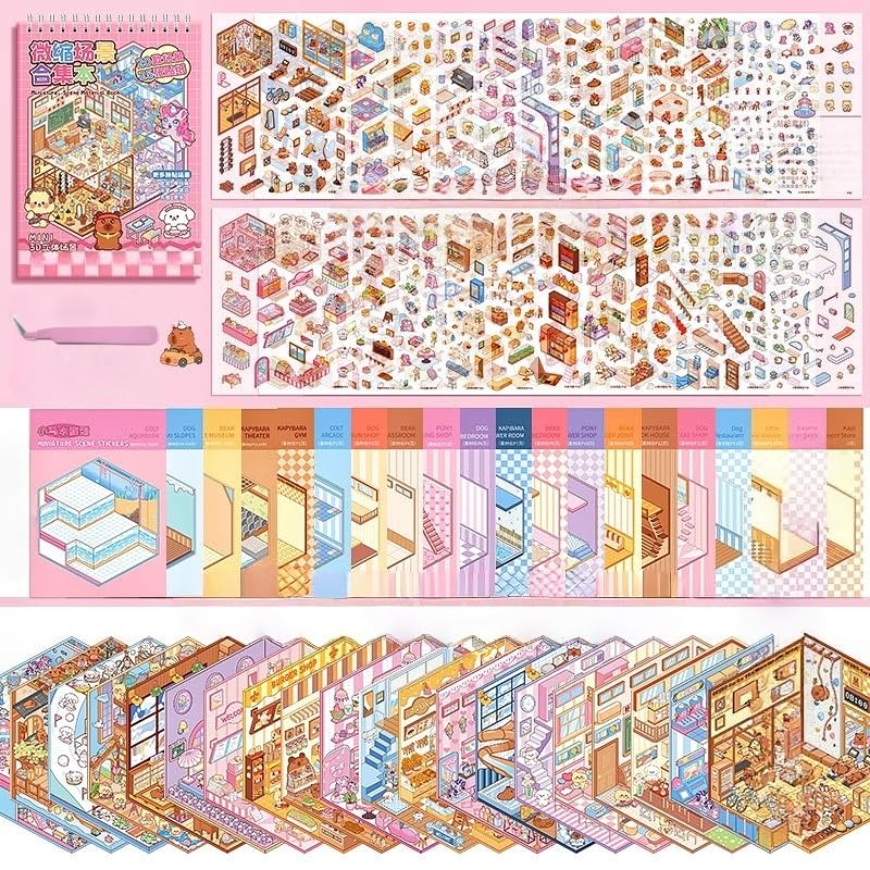 20 Sets of 3D DIY House Stickers with Tweezer,Kawaii 3D Sticker Scenes Collection Book Make Your Own Cartoon Mini Shop Cake Burger Coffee Shop for Adult Kids Relief Stress Pass The Time