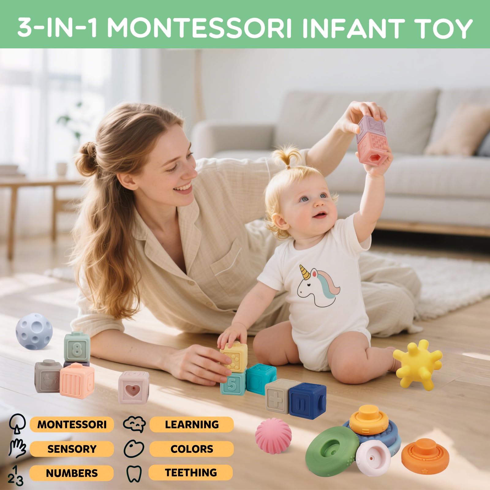 Plunack Giocattoli Montessori per Bambino 18 Mesi - Soft Building Blocks giochi Sensoriali impilabili con Anelli