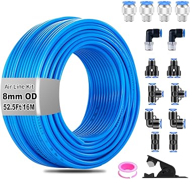 8mm Air line kit,8mm OD x 32.8 Feet Blue Hose Tubing Fittings,15pcs Compressed Accessory Kit Push to Connect Fittings