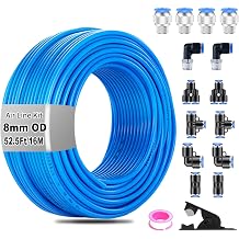 8mm Air line kit,8mm OD x 52.5 Feet Blue Air Hose Tubing Fittings,15pcs Compressed Air Line Accessory Kit Push to Connect Fittings for Air Line