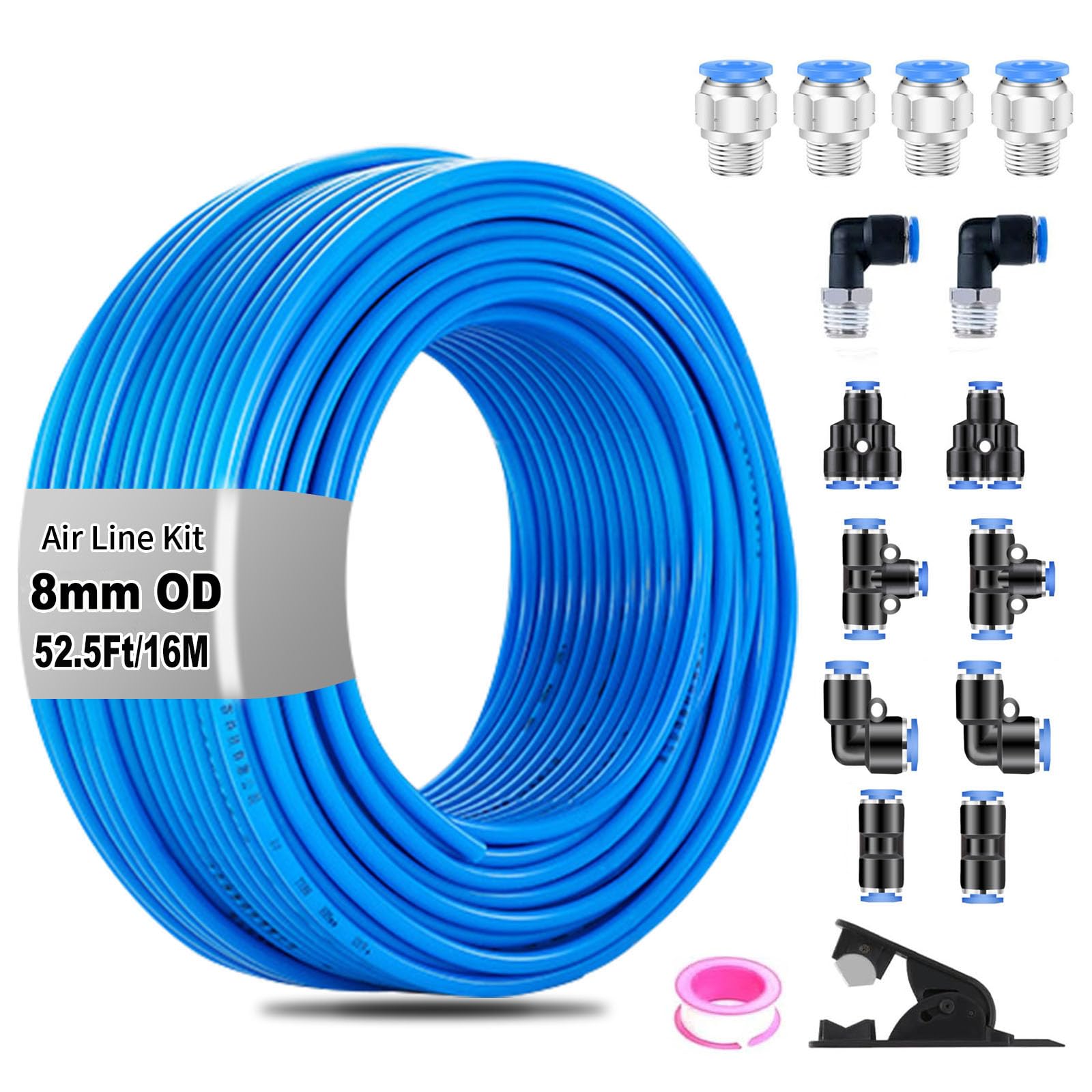 QITUO 8mm Air line kit,8mm OD x 52.5 Feet Blue Air Hose Tubing Fittings,15pcs Compressed Air Line Accessory Kit Push to Connect Fittings for Air Line