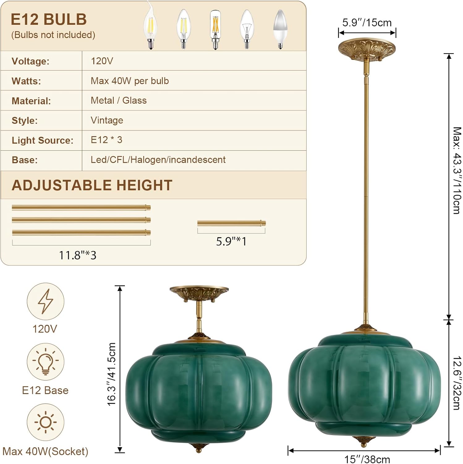 15" Milk Glass Pendant 3-Light Green Milk Chandelier Brass Finish Ceilig Light Fixture Height Adjustable for Kitchen, Hallway, Bedroom, Dining Room