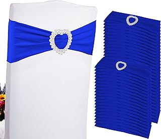 100PCS Spandex Stretch Royal Blue Chair Sashes Bows Universal Elastic Chair Cover Bands Ties with Buckle Slider for Wedding Party Ceremony Reception Event Banquet Decoration(Royal Blue)