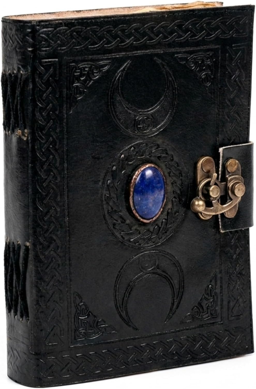 cuero 3 Moon Blue Lapis Embossed Vintage Leather Journal for Men & Women - 140 Pages, Antique Handmade Deckle Edge Vintage Paper, Leather Journal Writing Notebook Dairy Gift (7 inch by 10 inch, Black)