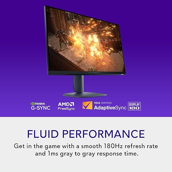 Alienware 27 Gaming Monitor - AW2725DM, QHD (2560x1440), 180Hz, Fast IPS, 1ms, NVIDIA G-SYNC Compatible, AMD FreeSync, 95% DCI-P3, HDR400, DisplayPort, 2 HDMI, 3 USB,