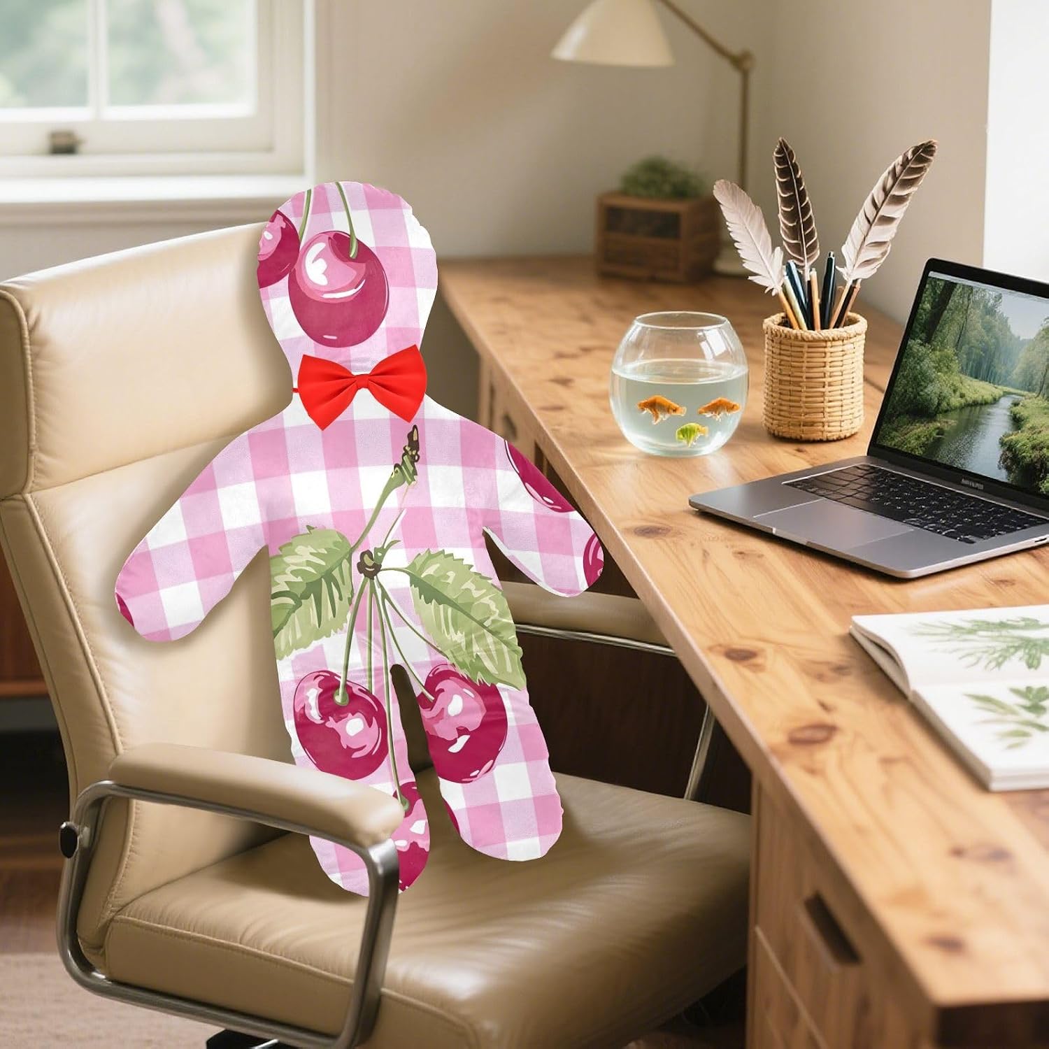 Cherries Pink Human-Shaped Pillow Soft Body Pillows Washable Velvet Pillows for Anxiety Relief Sleeping Cuddling & Support