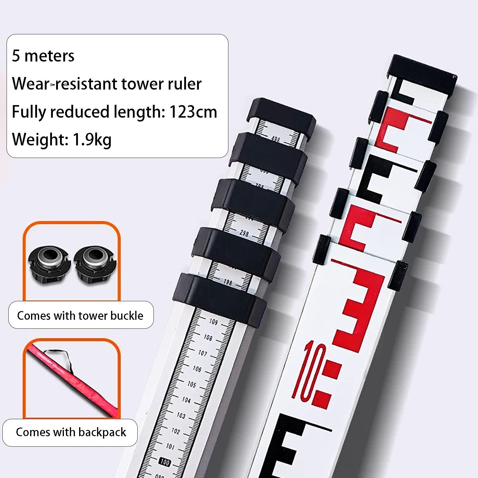 Vara de medición telescópica de Aluminio (10 m, Escala de 1 mm) con Bolsa de Transporte para topografía y construcción.