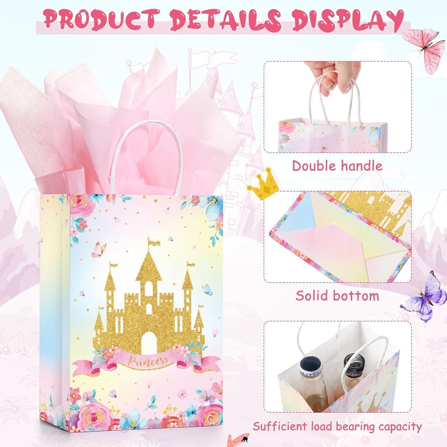 Nezyo 16 Pcs Princess Prince Party Favor Bags with Handles & Tissue Paper Prince Princess Candy Treat Goodie Gift Bags for Birthday Baby Shower Party Favors(Pink Crown and Castle) - Image 4