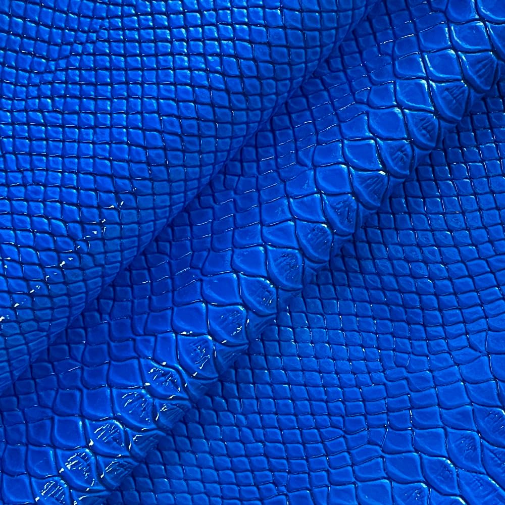 ONEART Rollo de piel sintética brillante con espejo de 12 x 54 pulgadas, piel de serpiente en relieve, tela de vinilo sintético para lazos, joyas, manualidades, color azul