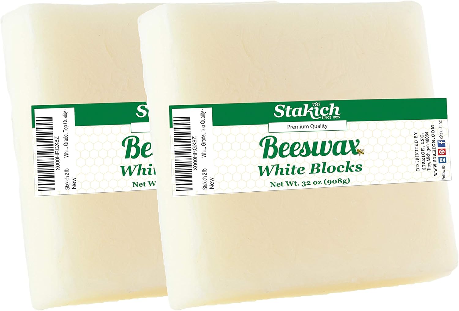 Stakich White Beeswax Block - Natural, Cosmetic Grade, Premium Quality - (2 Pound (in 1 Pound Blocks))