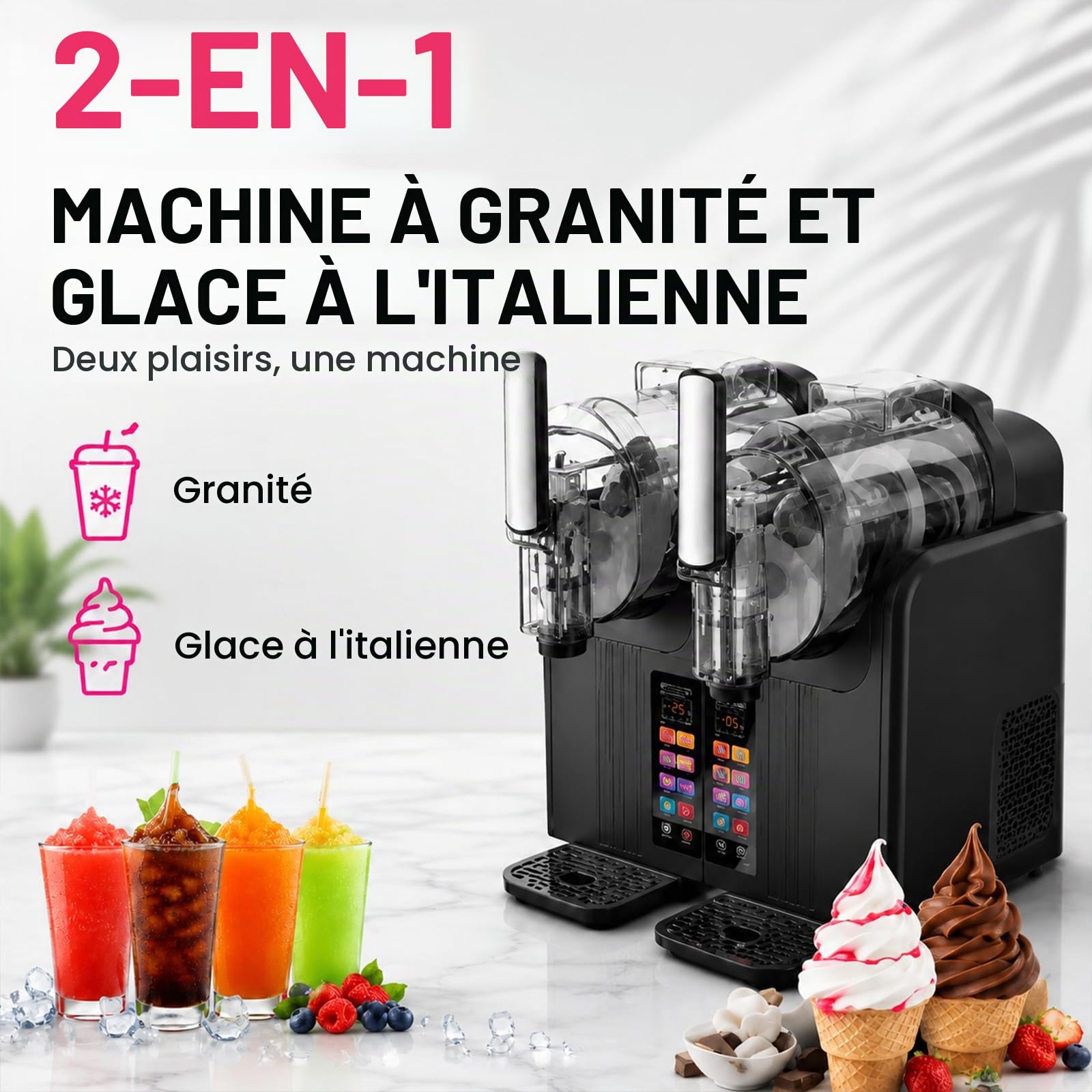 Machine à Granita Et Sorbetière 2 En 1, 7 Programmes Prédéfinis, Double Réservoir, Pour Margaritas, Frappés, Milkshakes Plus Encore, Autonettoyage, Pour Usage Domestique Et Professionnel White