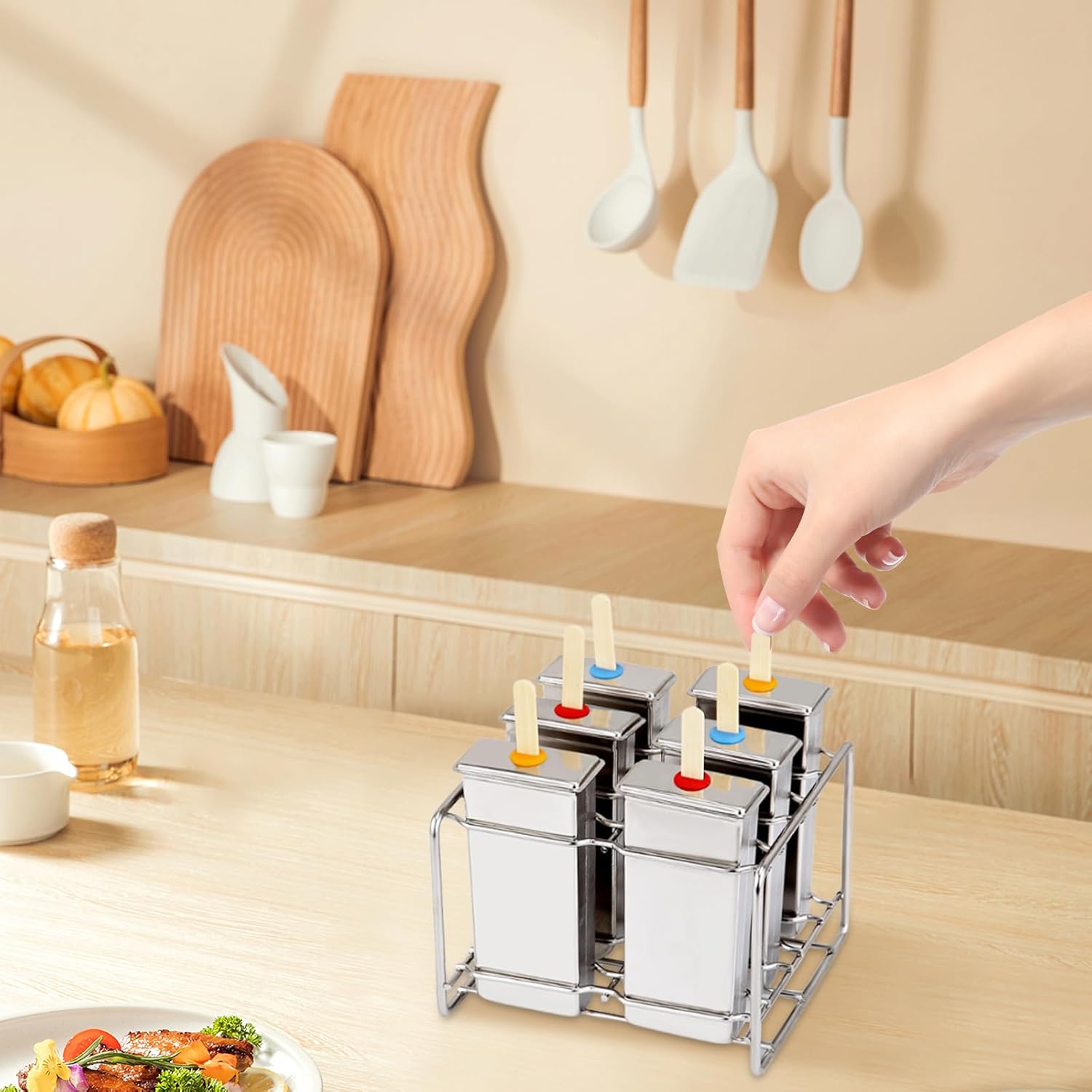 Stainless Steel Popsicle Molds, Set of 6 Ice Cream Maker, Ice Pop Molds With Holder, Metal Reusable Homemade Popsicle Molds with 50pcs Sticks (silver 3)