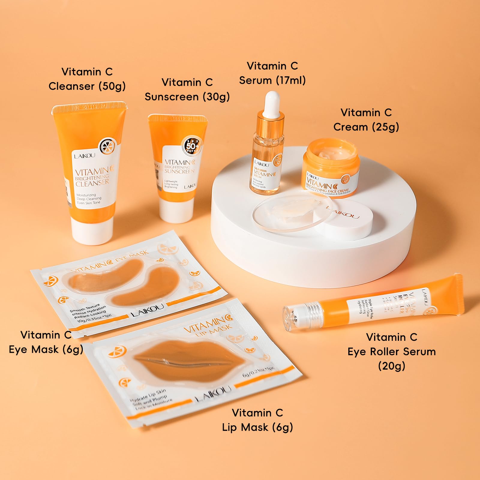 LAIKOU 11Pcs Vitamine C Kit Soin Visage Femme Voyage | Routine Beauté Visage avec Lait Nettoyant Crème Yeux Essence Masque Lèvres Masque Yeux Solaire, pour Adolescentes et Femmes