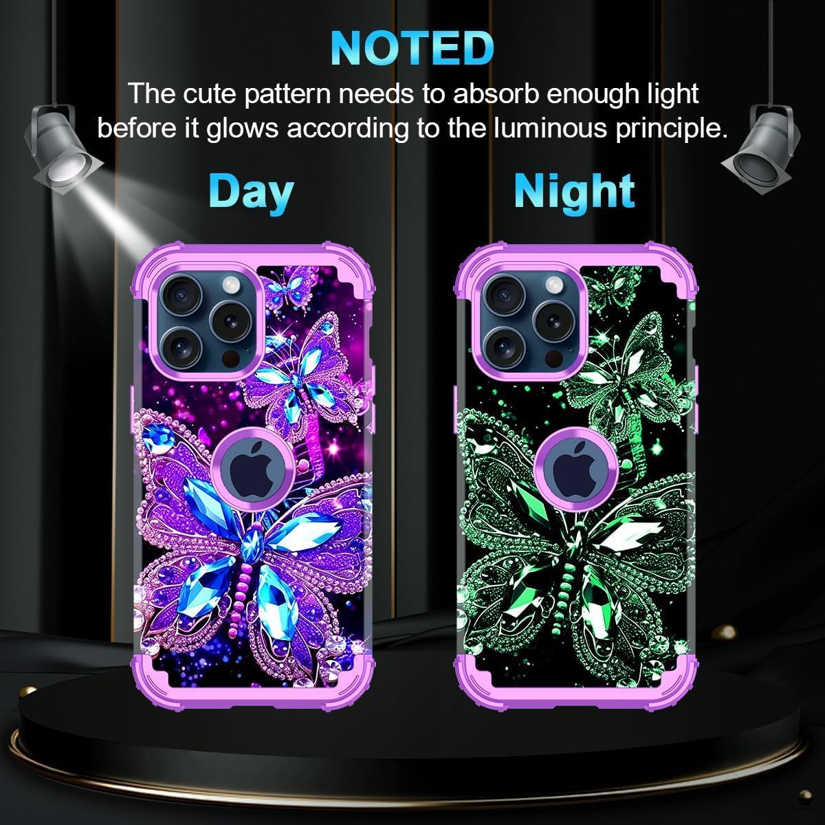 Hekodonk for iPhone 15 Pro Max Case,Glow in The Dark Three Layer Heavy Duty Shockproof Protection Hard Plastic+Soft Silicone Full Body Drop Protective Case for Apple iPhone 15 Pro Max,All Purple - Image 2