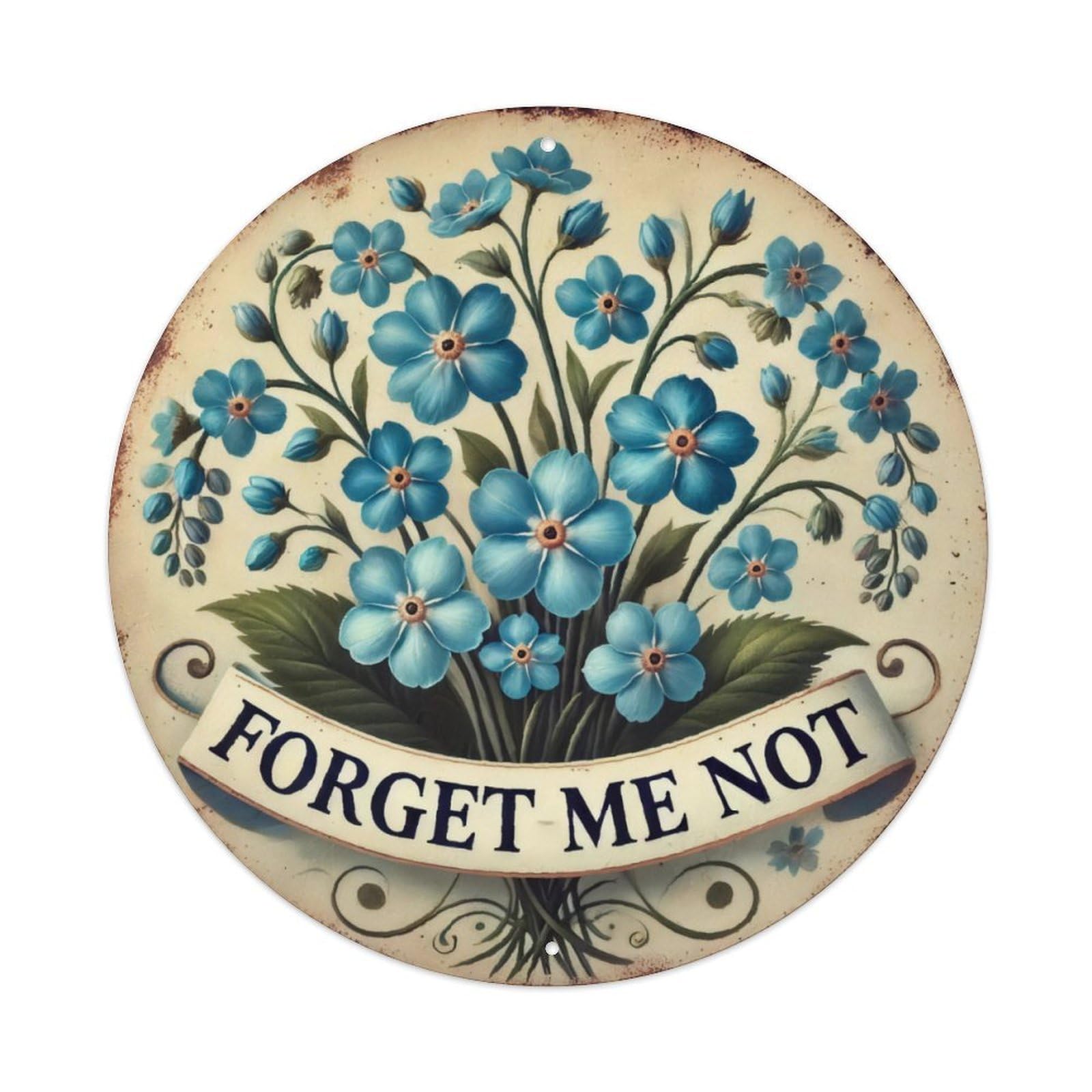 Forget Me Not Floral Vintage Distressed Round Tin Sign Vintage Aluminium Metal Sign, Retro Wall Decor for Home, Bar, Garage & Farmhouse 20x20cm