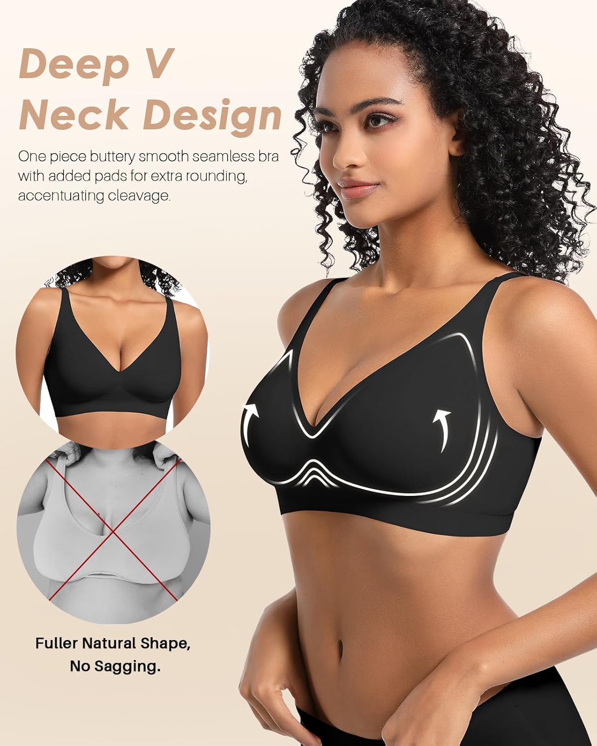 Deep V Neck Wireless Bra Comfortable Seamless Bra Deep Plunge T Shirt Bra No Underwire Padded Push Up Bra - Image 2