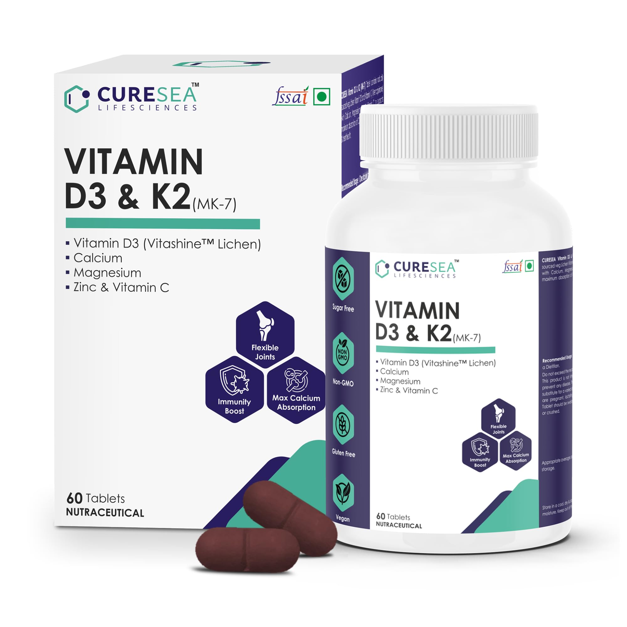 CURESEA Lifesciences Plant Based Vitamin D3 (Lichen source) & K2 MK-7 with Calcium, Magnesium, Zinc & Vitamin C | Stronger Immunity, Metabolism, Bone & Heart Health | For Men & Women (60 Veg Tablets) (B0CLM8G411) Amazon Price History, Amazon Price Tracker
