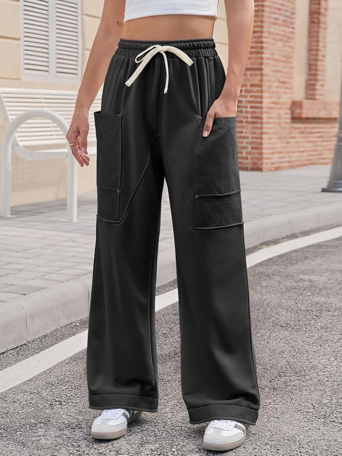 Aoysky Womens Wide Leg Sweat Pants Casual Elastic Waist Drawstring Hiking Workout Cargo Pants Loose Fit - Image 2