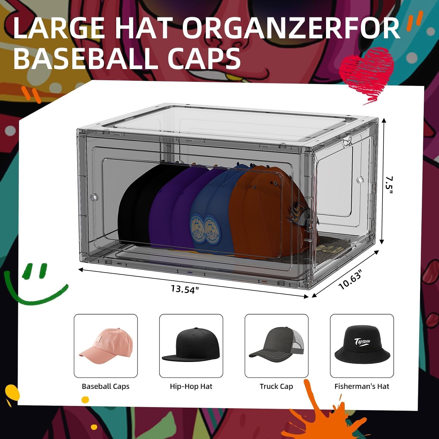 Hat Organizer Box for Baseball Caps, 6 Pack Plastic Hat Storage Display Case with Magnetic Door, Hat Holder Rack for Closet, Snapback Organizer, Hold 8 Caps Each, Black thumbnail