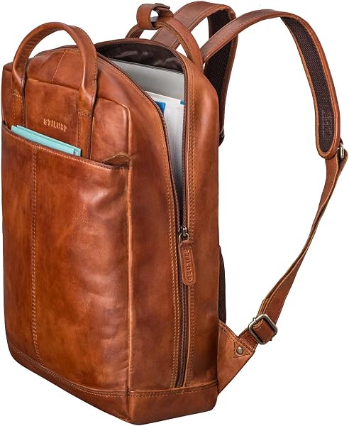STILORD "Bobbie" Leather Backpack for Men and Women 2 in 1 | Backpacks for Laptops 16 Inches | Vintage Business Backpack in Real Leather with Handles and Holder for Suitcase Colour: Black, Brandy - 4