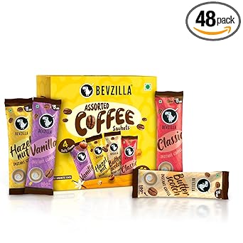 Bevzilla 48 Flavoured Instant Coffee Sachets (48 X2 Gram Sachets)| Turkish Hazelnut, Colombian Gold, French Vanilla & English Butterscotch | 12 Sachets Each Flavour| Hot & Cold Coffee| Makes 48 Cups| 100 % Arabica Coffee| Strong Coffee| Best Coffee| 