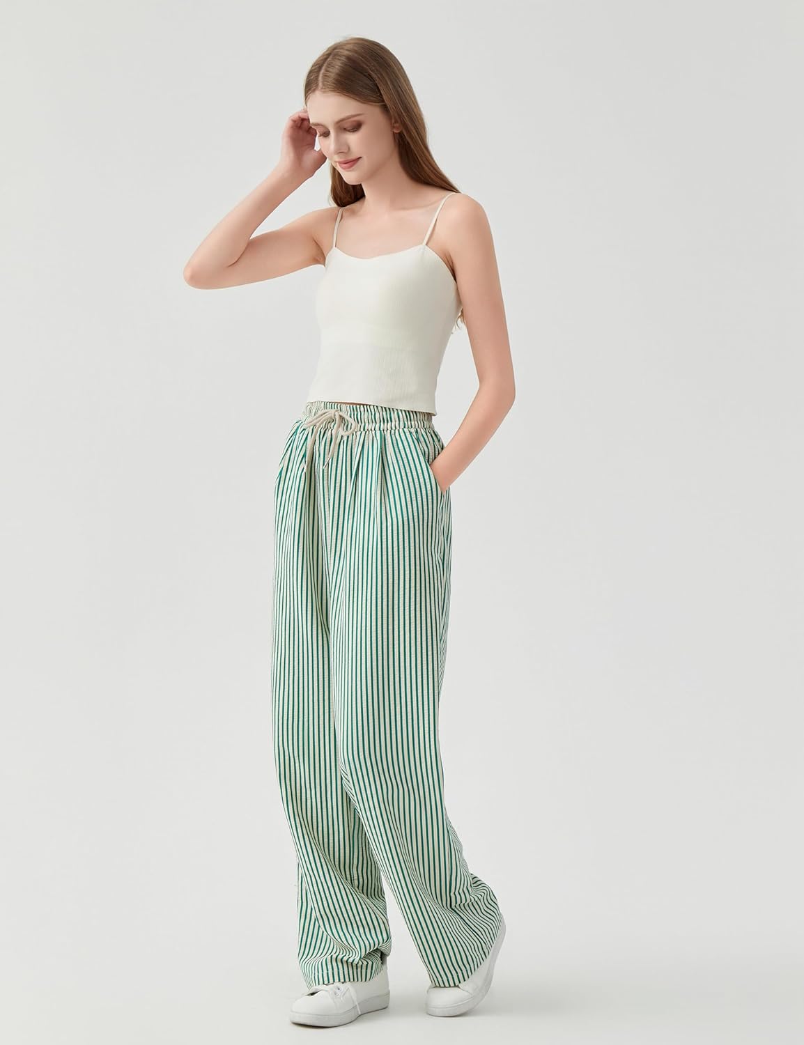 Women's Casual Striped Wide Leg Pants Y2k Drawstring Elastic High Waisted Trousers Loose Lounge Palazzo Pants - Image 7