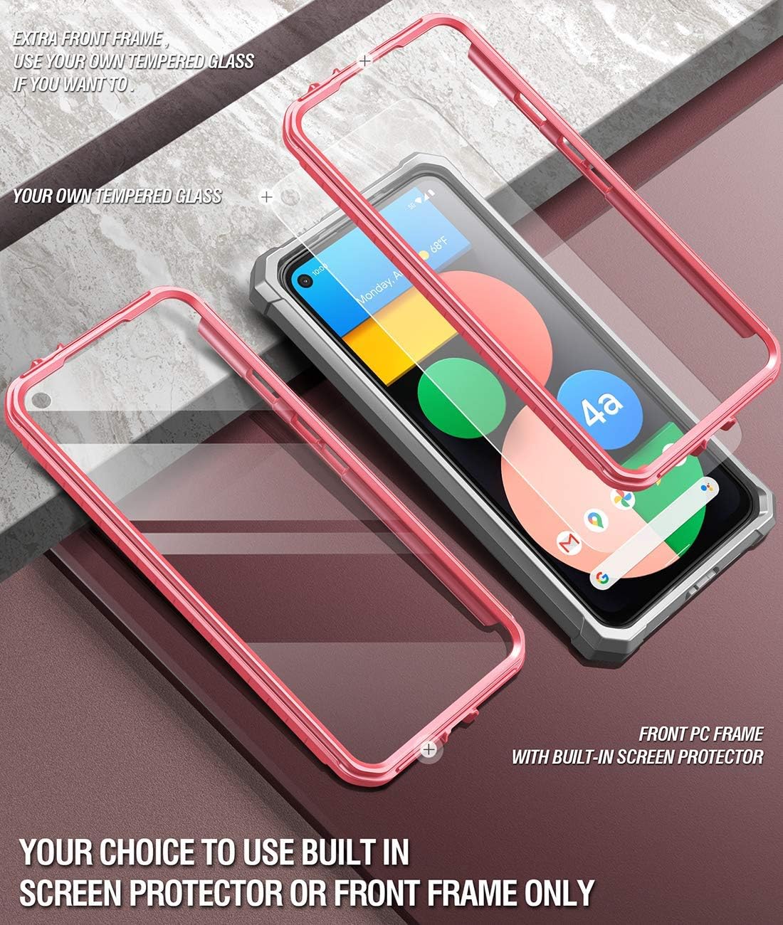 Poetic Guardian Series Designed for Google Pixel 4a 5G Case 6.2 inch (2020), Full-Body Hybrid Shockproof Bumper Cover with Built-in-Screen Protector, Pink/Clear