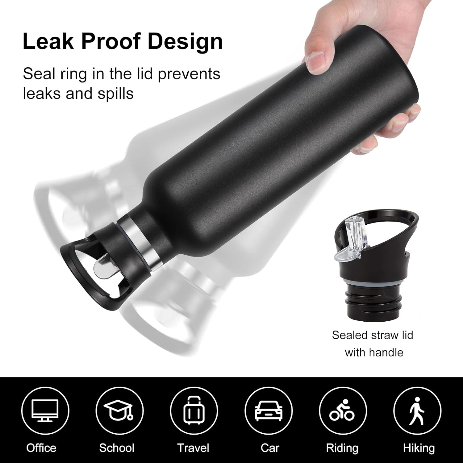 Neihepal 24oz Insulated Water Bottles Bulk 8 Pack,Stainless Steel Double Wall Sport Bottle with Straw Lid,Metal Cup Reusable Thermoses with Hand Cap for School,Cyclists,Hikers,Gift (Black,8 Count) - Image 5